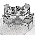 Round Dining Table Set with Wooden Chairs Upholstered Seats and Tableware Fruit Decorations 3d model