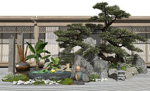 New Chinese style landscape sketch landscape sketch dry landscape courtyard landscape 3d model