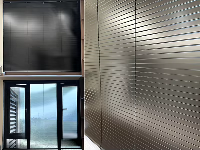 Black Window Blinds In Modern Interior With Metal Striped Wall Design 3d model