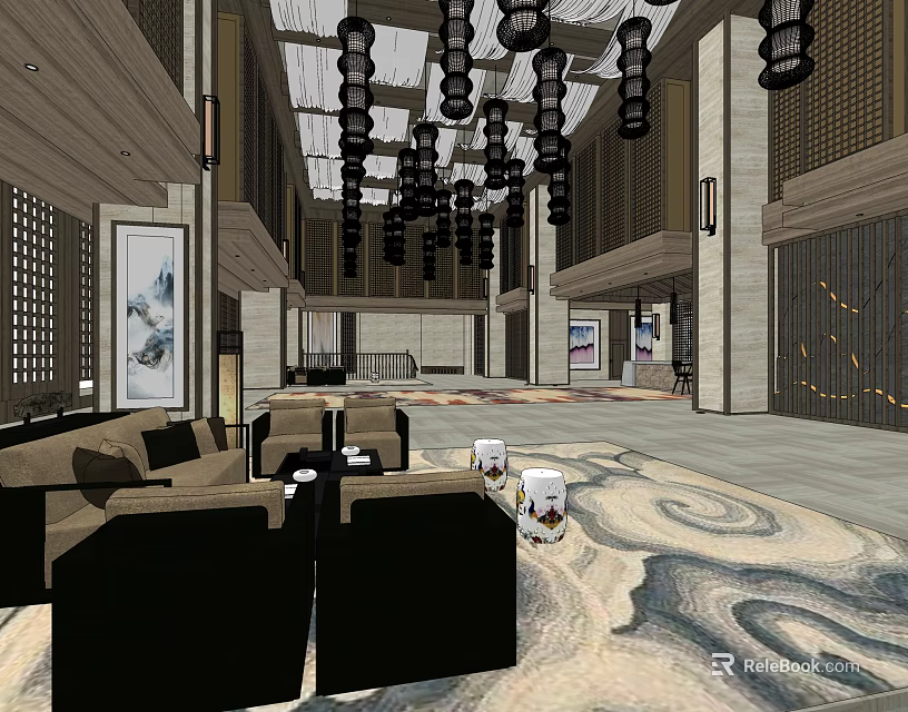 Modern Store Front Desk Lobby With Chandeliers Sofas And Decorative Paintings 3d model