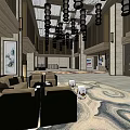 Modern Store Front Desk Lobby With Chandeliers Sofas And Decorative Paintings 3d model