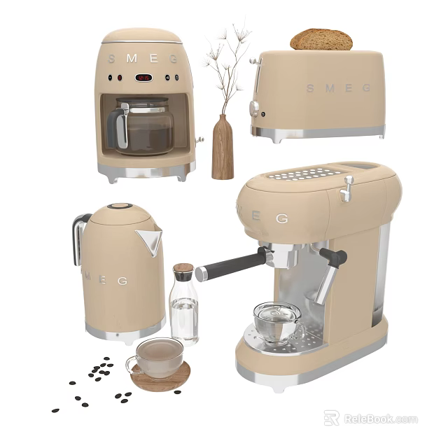 Smeg Beige Retro Kitchen Appliances With Coffee Machine And Electric Kettle 3d model 