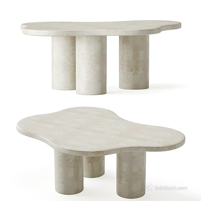 Modern White Stone Coffee Table With Irregular Top And Cylindrical Legs Design 3d model 