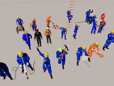 Group Of Workers In Various Uniforms With Safety Helmets And Tools 3d model
