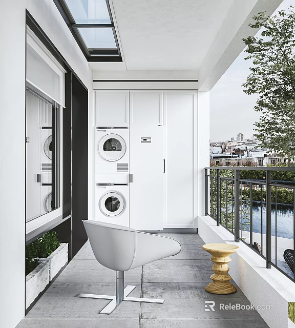 Modern Home Balcony Space With Stacked Washing Machines White Cabinets Chair And City View 3d model 