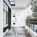 Modern Home Balcony Space With Stacked Washing Machines White Cabinets Chair And City View