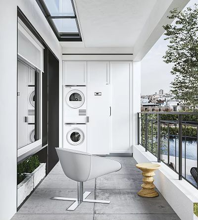 Modern Home Balcony Space With Stacked Washing Machines White Cabinets Chair And City View 3d model