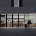 Blue Café Exterior View With Glass Windows Tables Chairs And Potted Plants On Paved Ground