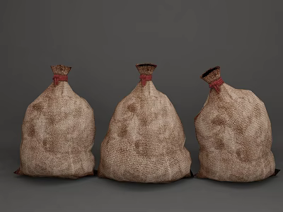 Three Brown Burlap Sacks With Red String Ties And Textured Surface 3d model