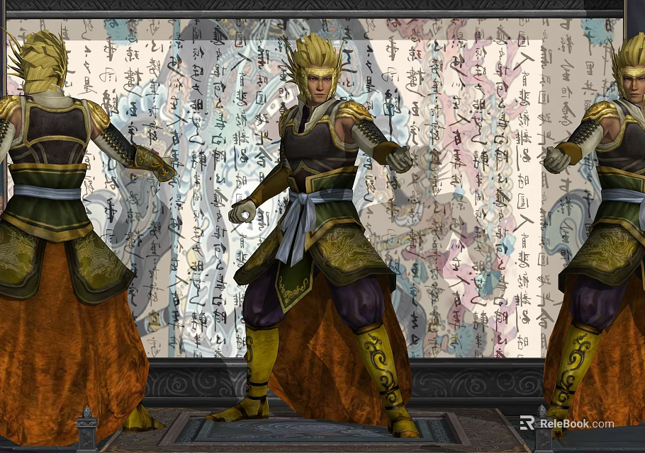 Three Game Movie Characters In Ancient Armor With Golden Hair And Calligraphy Background 3d model 