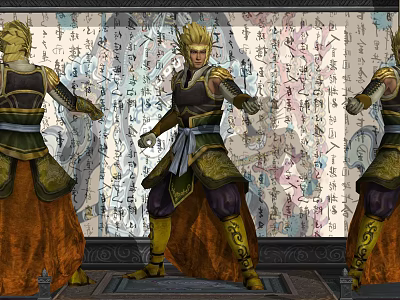 Three Game Movie Characters In Ancient Armor With Golden Hair And Calligraphy Background 3d model