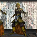 Three Game Movie Characters In Ancient Armor With Golden Hair And Calligraphy Background