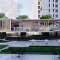 Modern Garden Landscape Design With Arched Entrance And Symmetrical Plants Near High Rise Buildings