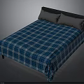 Bedroom Bed With Blue Plaid Bedspread Two Gray Pillows And Black Headboard