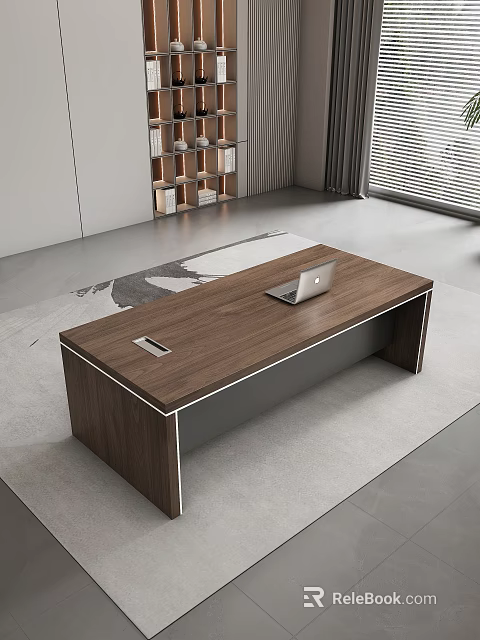 Modern Wooden Office Desk With Laptop On Minimalist Interior Rug 3d model 