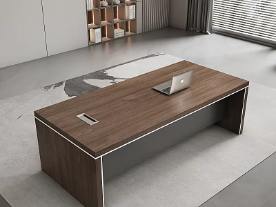Modern Wooden Office Desk With Laptop On Minimalist Interior Rug 3d model