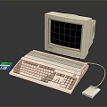Vintage Computer Setup Featuring Monitor Keyboard Mouse and Floppy Disk on Dark Surface