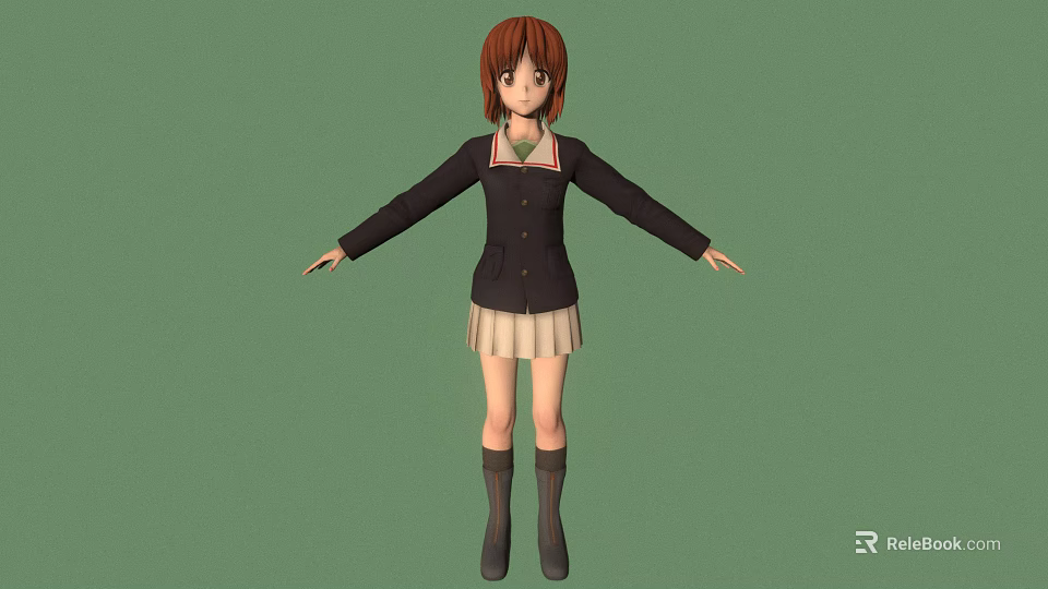 Red Haired Character With Black Coat Light Pleated Skirt And Black Boots On Green Background 3d model 