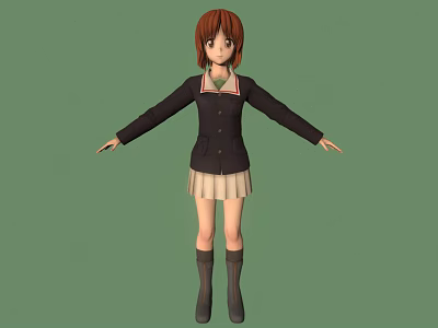 Red Haired Character With Black Coat Light Pleated Skirt And Black Boots On Green Background 3d model