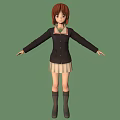 Red Haired Character With Black Coat Light Pleated Skirt And Black Boots On Green Background