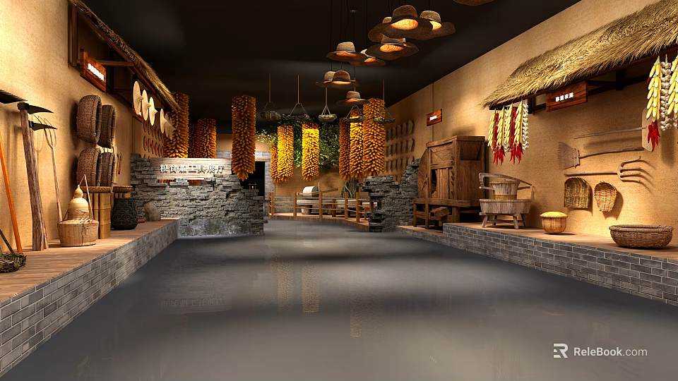Rustic Rural Workshop Interior With Stone Walls Thatched Decor Hanging Corn And Wooden Furniture 3d model 