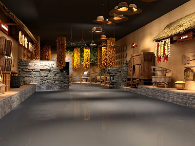 Rustic Rural Workshop Interior With Stone Walls Thatched Decor Hanging Corn And Wooden Furniture 3d model