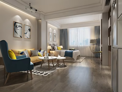 Modern Apartment Interior With Beige Sofa Blue Armchair Yellow Cushions Bed And Wooden Floor 3d model