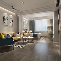 Modern Apartment Interior With Beige Sofa Blue Armchair Yellow Cushions Bed And Wooden Floor
