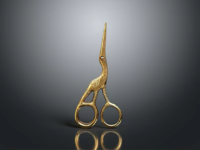 Golden Stork Shaped Scissors Elegant Design On Dark Background With Reflective Surface 3d model