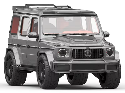 Gray Rugged SUV Design With Large Tires Roof Rack Red Windows Round Headlights Front Grille 3d model
