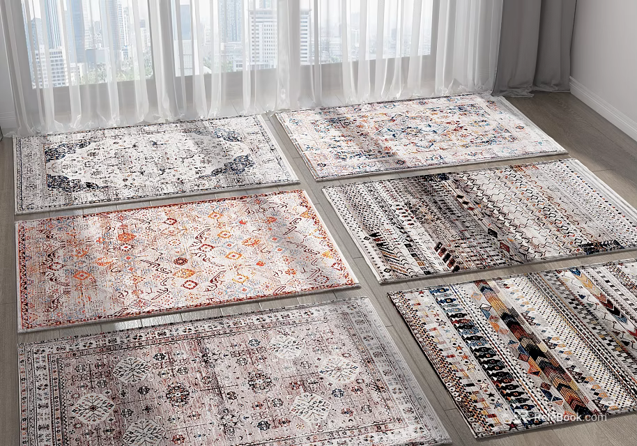 Multiple Square Rugs With Various Patterns And Color Combinations On Floor 3d model 