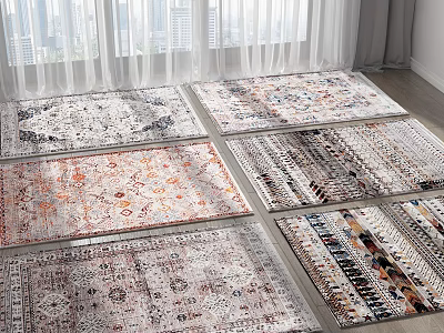Multiple Square Rugs With Various Patterns And Color Combinations On Floor 3d model