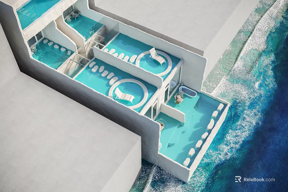 Modern Oceanfront Swimming Pool Complex With Loungers And Sea View 3d model 