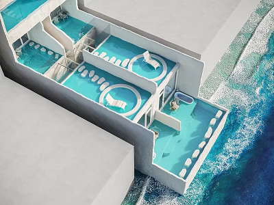 Modern Oceanfront Swimming Pool Complex With Loungers And Sea View 3d model