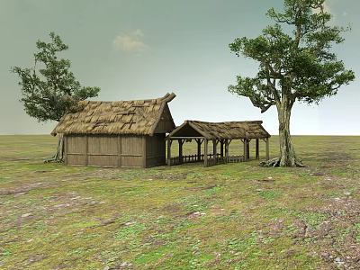 Traditional Thatched Cottage With Open Veranda And Green Trees On Grassland 3d model