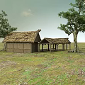 Traditional Thatched Cottage With Open Veranda And Green Trees On Grassland