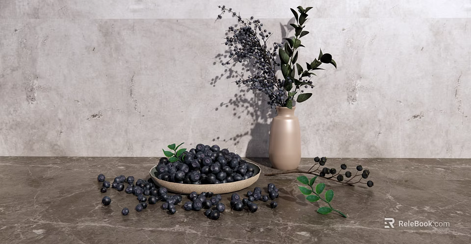 Fresh Blueberries in Bowl with Scattered Berries and Green Foliage in Vase on Gray Surface 3d model 