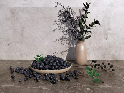 Fresh Blueberries in Bowl with Scattered Berries and Green Foliage in Vase on Gray Surface 3d model