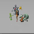 Vibrant Characters And Creatures Including Female Figure Robots Small Robot Flying Creature And Mechanical Vehicle