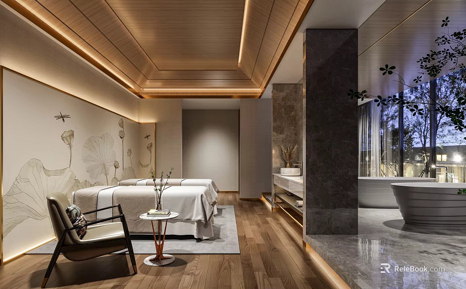 Luxury SPA Sauna Interior With Massage Bed Wooden Ceiling Marble Bathtub And Natural Decor 3d model 