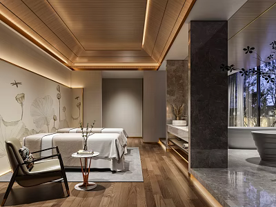 Luxury SPA Sauna Interior With Massage Bed Wooden Ceiling Marble Bathtub And Natural Decor 3d model