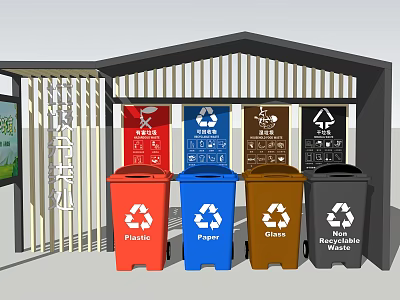 Public Facility Waste Sorting Station With Color Coded Recycling Bins 3d model