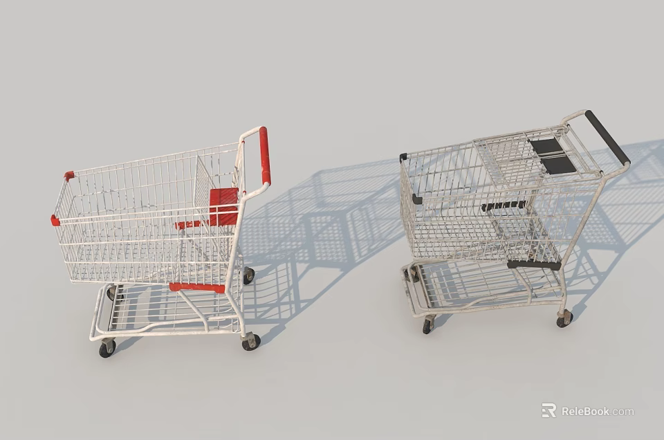 Two Metal Shopping Carts With Red And Black Handles And Wheels 3d model 