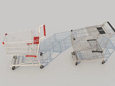 Two Metal Shopping Carts With Red And Black Handles And Wheels 3d model