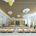 Bright Kindergarten Room With Wooden Ceiling Cloud Balloon Decorations Small Beds And Bookshelves