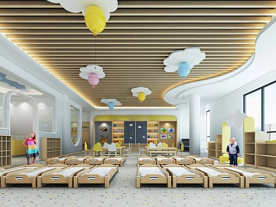 Bright Kindergarten Room With Wooden Ceiling Cloud Balloon Decorations Small Beds And Bookshelves 3d model