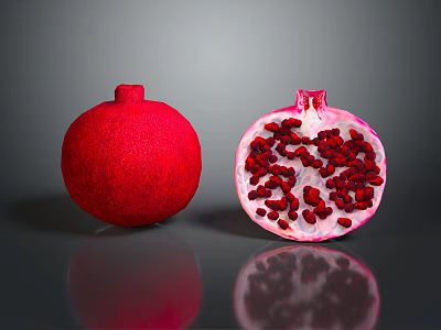 Red Whole And Half Pomegranate With Seeds On Dark Background Reflection 3d model