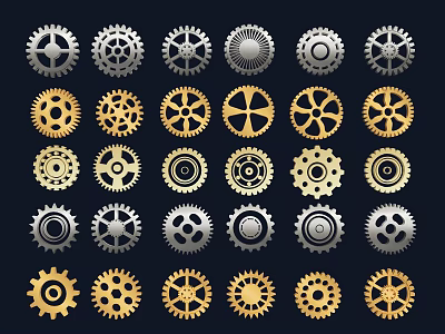 Collection Of Various Gears In Gold And Silver On Dark Background 3d model