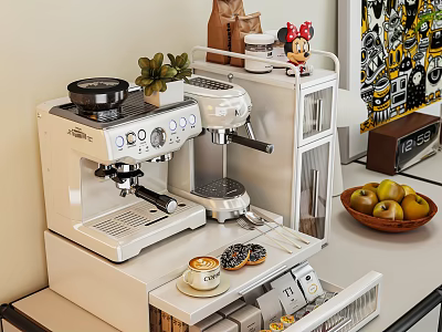 White Storage Cabinet Rack With Coffee Machine Small Plant Minnie Decor And Fruit Bowl 3d model
