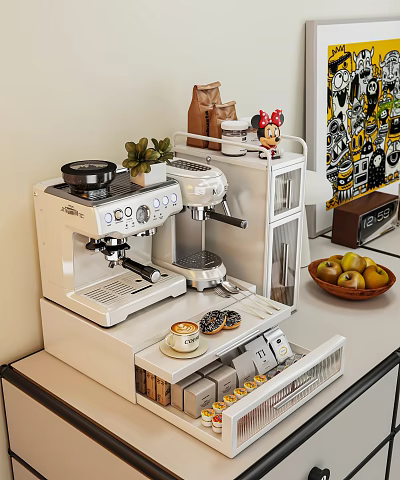 White Storage Cabinet Rack With Coffee Machine Small Plant Minnie Decor And Fruit Bowl 3d model